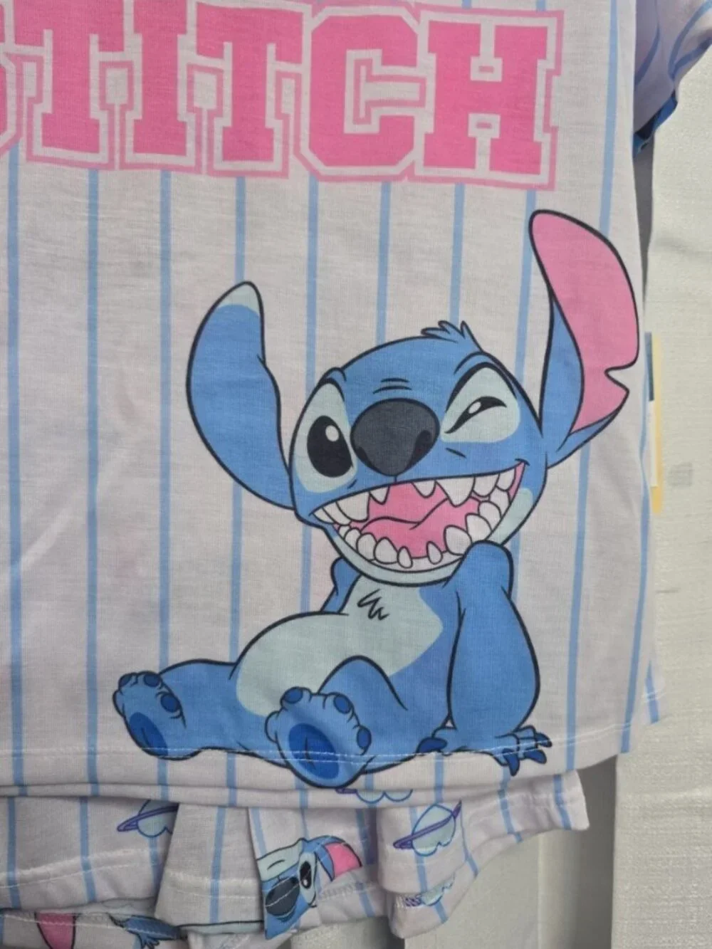 Stitch Girls Size Medium (7/8) Pajama Short Set Blue Striped Short-Sleeved